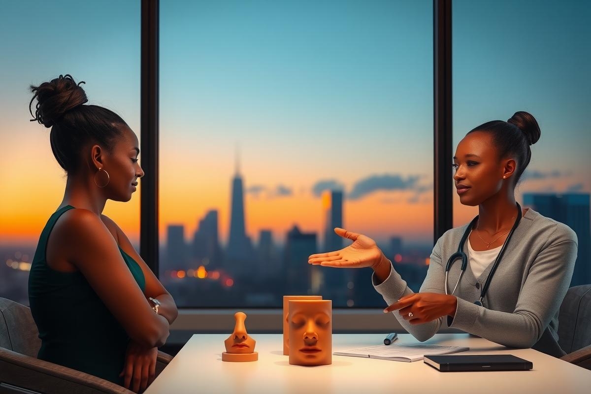 The image shows two women engaged in a conversation. One woman is seated while the other stands, and they both appear to be attentively listening to one another. They are indoors with large windows providing a view of a city skyline at sunset or sunrise, given the soft lighting and colors. The room has an office-like atmosphere with a professional yet comfortable ambiance.