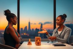 The image shows two women engaged in a conversation. One woman is seated while the other stands, and they both appear to be attentively listening to one another. They are indoors with large windows providing a view of a city skyline at sunset or sunrise, given the soft lighting and colors. The room has an office-like atmosphere with a professional yet comfortable ambiance.