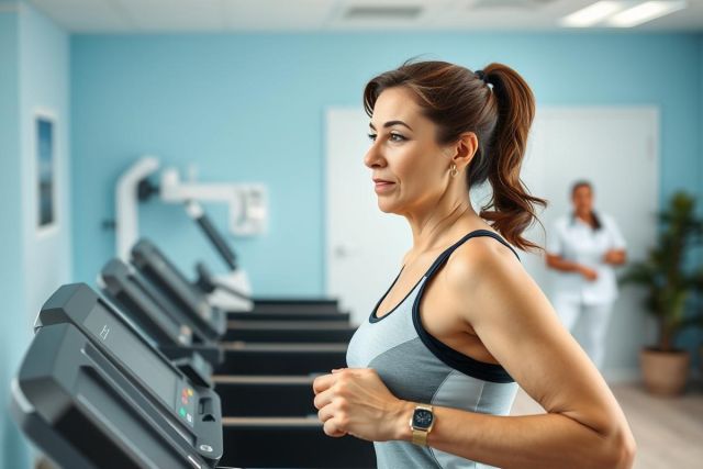 Woman exercising on a treadmill in a bright, modern gym. Fitness, health, and wellness concept with blue walls and workout equipment visible. Active lifestyle and rehabilitation setting.