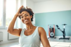 Smiling Black woman in a bright, modern gym. She's wearing a gray tank top and touching her hair, with exercise equipment visible in the background. The room features a teal wall and natural light from a window, conveying a healthy lifestyle and fitness theme.