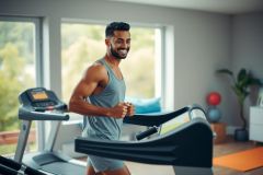 Man exercising on treadmill indoors. Fitness workout, healthy lifestyle, gym setting. Blue top, grey shorts, bright room with natural light. Focus on physical activity and wellness.