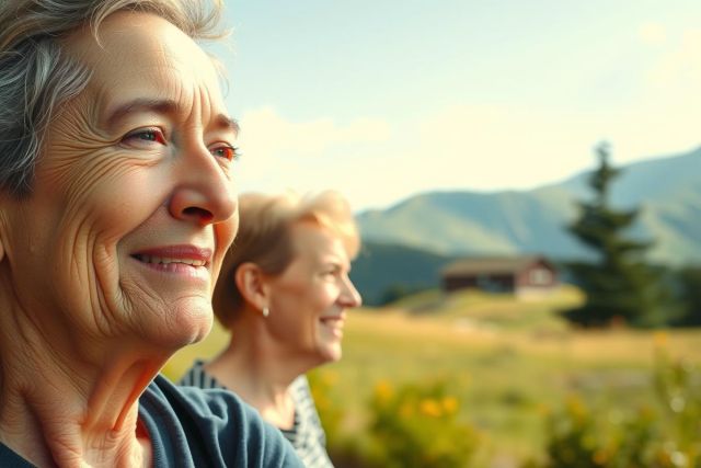 The photo shows two elderly women enjoying a scenic outdoor setting. They are smiling, as if looking at something interesting or intriguing before them. Their surroundings appear to be a mountainous landscape with green grass and wildflowers visible all around, giving the impression of a rural or semi-rural setting.