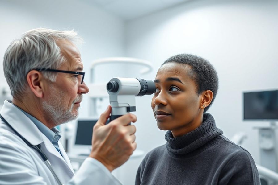 An optometrist examines a patient's eyes in a modern clinic. The doctor, wearing a white coat and glasses, uses a diagnostic tool during an eye exam. The patient, with dark skin and short hair, looks directly ahead. The scene features a clean, white interior and medical equipment, emphasizing healthcare and vision care.