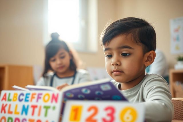 Young diverse children learning in a bright classroom. A boy intently reads a colorful book while another girl looks on. The scene features educational materials, numbers, and letters, suggesting early childhood education and literacy. Warm, inviting tones create a positive learning environment.