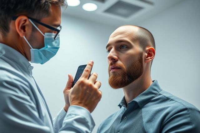 Doctor in a face mask examines a patient's eyes with a smartphone device. The scene takes place in a bright, modern office setting. Focus is on the eye exam, with a man sporting a red beard looking intently. Blue and gray tones dominate the image, suggesting a medical or healthcare context.