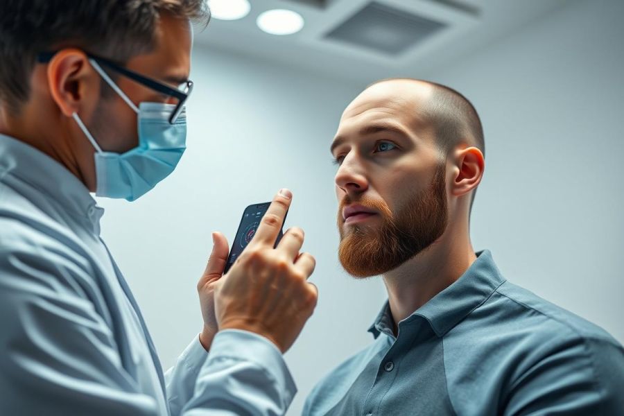 Doctor in a face mask examines a patient's eyes with a smartphone device. The scene takes place in a bright, modern office setting. Focus is on the eye exam, with a man sporting a red beard looking intently. Blue and gray tones dominate the image, suggesting a medical or healthcare context.