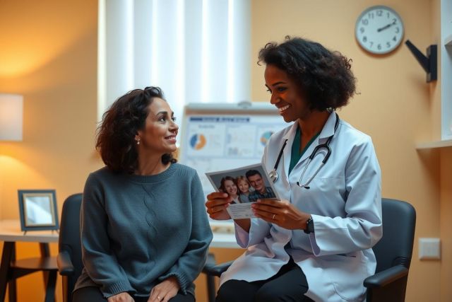 Doctor examines a patient's photo in a medical office. Healthcare professional in white coat consults with a woman. Warm lighting and a friendly atmosphere in a clinical setting.