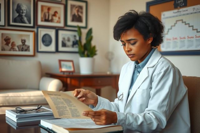 In the image, a young woman with a serious expression is sitting at a desk in an office environment. She's wearing professional attire including a white lab coat that signifies her role as a scientist or medical professional.