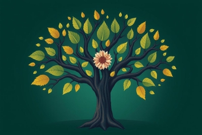 The image depicts a stylized tree with yellow leaves, symbolizing autumn. A single flower blooms at the top of the tree, suggesting growth and blossoming amidst the changing seasons. 