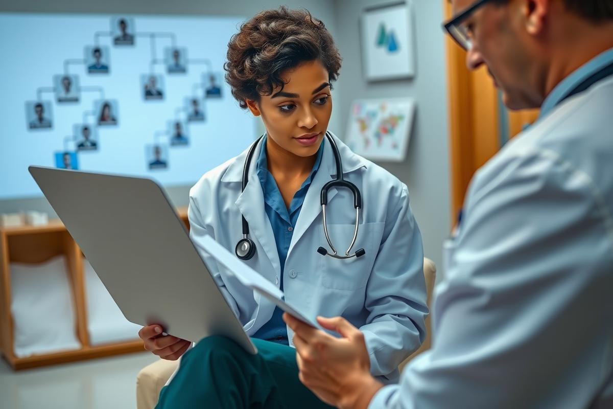 The image shows a young woman, likely a doctor, sitting down and examining patient records. She is wearing a stethoscope around her neck, suggesting she is conducting a medical assessment or consultation with another healthcare professional.
