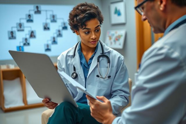 The image shows a young woman, likely a doctor, sitting down and examining patient records. She is wearing a stethoscope around her neck, suggesting she is conducting a medical assessment or consultation with another healthcare professional.