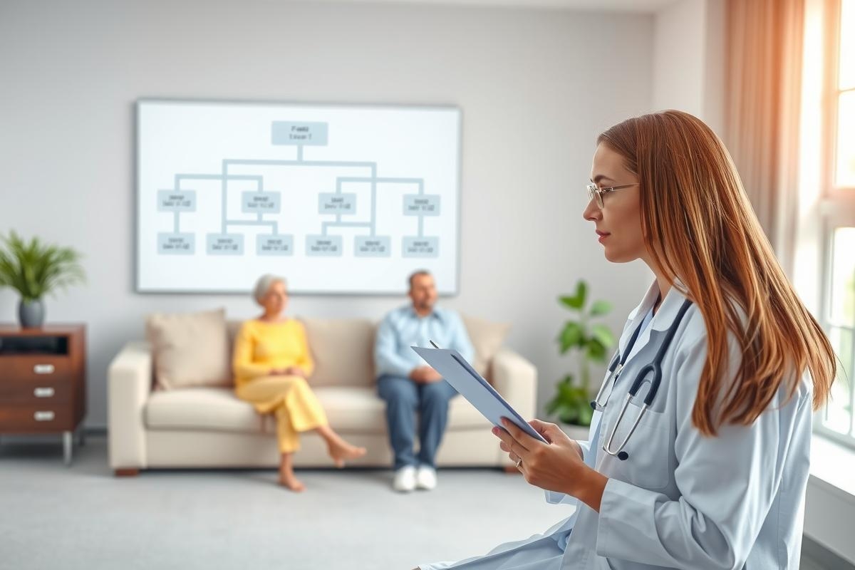 The image depicts a doctor in a modern clinic, interacting with a patient and their family. The scene is set indoors with ample natural light coming through windows, creating a bright and welcoming atmosphere. The doctor is dressed professionally in a white coat, signifying their role as a healthcare provider.