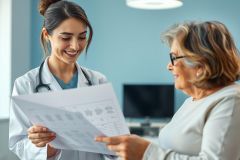 Doctor and senior patient discussing medical results in a bright, modern clinic. The female doctor, wearing a white coat and stethoscope, explains a chart to the smiling elderly woman. Healthcare, consultation, and patient care themes are evident in this image with a blue and white color palette.