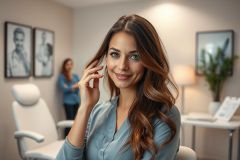 Beautiful woman smiling in a modern, clean medical or aesthetic clinic. Soft lighting, neutral colors (beige, gray, white) and portraits on the wall create a professional environment. Focus on skincare, beauty, or wellness services.