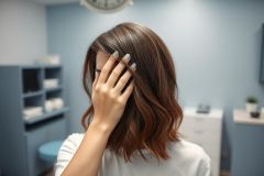 Woman in a medical or aesthetic clinic setting, partially covering her face with her hand. Features include brown hair, blue nail polish, and a light blue wall backdrop. Focus on beauty, wellness, and potential cosmetic procedures.