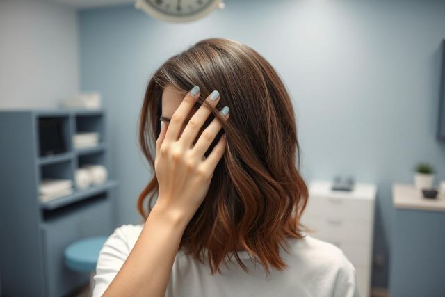 Woman in a medical or aesthetic clinic setting, partially covering her face with her hand. Features include brown hair, blue nail polish, and a light blue wall backdrop. Focus on beauty, wellness, and potential cosmetic procedures.