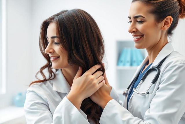 Doctor examining patient in a bright, modern medical office. The scene depicts a healthcare professional in a white coat and stethoscope checking a woman's throat. Warm skin tones and a clean, white background convey a sense of trust and care. Focus on medical checkup, patient care, and doctor-patient relationship.