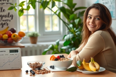 The image features a woman seated at a table with various healthy food items including fruit, nuts, and yogurt. She has a smile on her face and is looking towards the viewer.