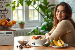 The image features a woman seated at a table with various healthy food items including fruit, nuts, and yogurt. She has a smile on her face and is looking towards the viewer.