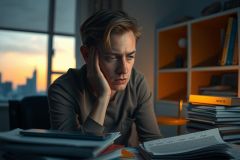 Man in office, looking concerned with hand on head, surrounded by stacks of books and papers. The environment suggests a busy workspace possibly during sunset.