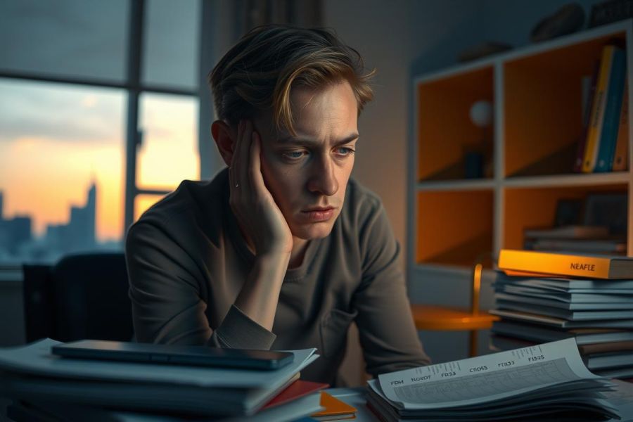 Man in office, looking concerned with hand on head, surrounded by stacks of books and papers. The environment suggests a busy workspace possibly during sunset.