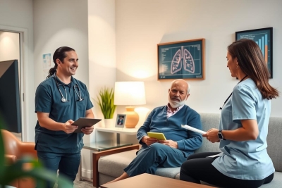 Three individuals in a room. Two are dressed in medical scrubs indicating healthcare professionals, one is seated on a couch. They are engaged in conversation. The environment suggests an indoor setting with a modern and comfortable ambiance.