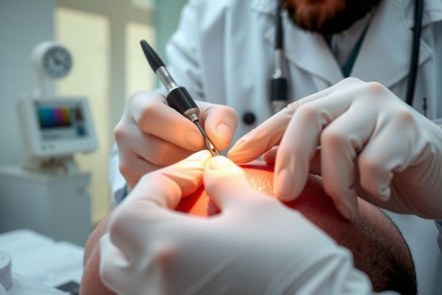 Close-up of a surgical procedure, likely eye surgery, with a surgeon using a surgical instrument. Sterile environment and focused attention on precision.