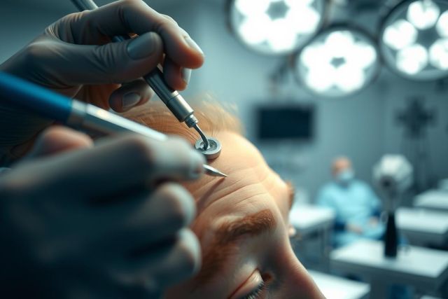 Close-up of a surgical procedure in an operating room. A doctor uses a surgical tool on a patient's skin. The scene is brightly lit and professional, highlighting medical expertise and precision.