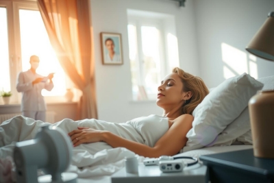 In this image, there is a woman lying in bed with an expression of contentment or daydreaming. Beside her is a person who appears to be taking care of her or reading something on a tablet device. The room has a bright and airy feel due to the sunlight streaming through open windows or curtains, suggesting it might be morning. The bedding is white, which contributes to the serene atmosphere. The overall scene conveys a sense of calmness and domestic comfort.