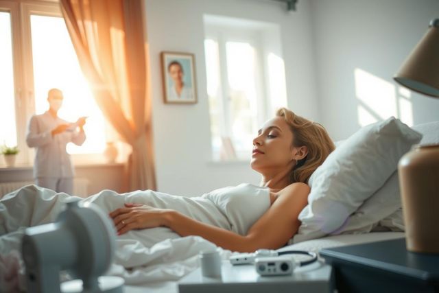 In this image, there is a woman lying in bed with an expression of contentment or daydreaming. Beside her is a person who appears to be taking care of her or reading something on a tablet device. The room has a bright and airy feel due to the sunlight streaming through open windows or curtains, suggesting it might be morning. The bedding is white, which contributes to the serene atmosphere. The overall scene conveys a sense of calmness and domestic comfort.