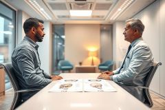 Medical consultation: Two men discuss anatomical diagrams in a modern office setting. The image depicts a doctor-patient interaction with a focus on healthcare and professional consultation. Blue and white tones dominate the scene, conveying a sense of trust and expertise.