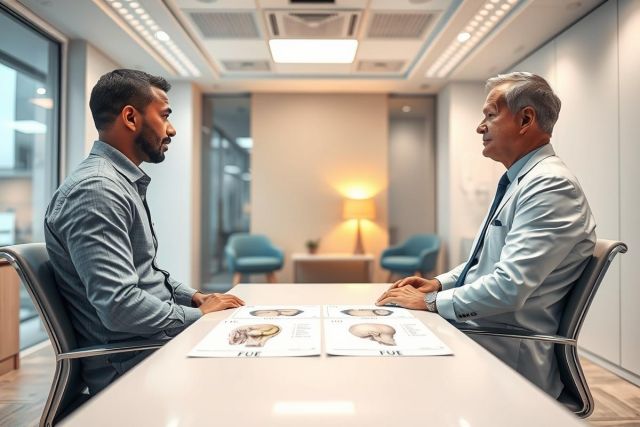 Medical consultation: Two men discuss anatomical diagrams in a modern office setting. The image depicts a doctor-patient interaction with a focus on healthcare and professional consultation. Blue and white tones dominate the scene, conveying a sense of trust and expertise.