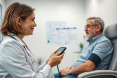 Doctor examining a senior patient in a clinical setting. The female doctor, wearing a white coat, checks the patient's blood pressure with a cuff while viewing data on a smartphone. A bright, modern office with charts in the background. Healthcare, medical checkup, and senior care themes.