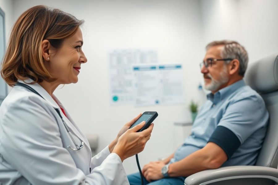 Doctor examining a senior patient in a clinical setting. The female doctor, wearing a white coat, checks the patient's blood pressure with a cuff while viewing data on a smartphone. A bright, modern office with charts in the background. Healthcare, medical checkup, and senior care themes.