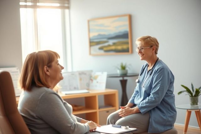 Doctor consults with patient in a bright, modern office. Warm tones, natural light, and a calming environment depict a healthcare consultation. Focus on wellness and medical care.
