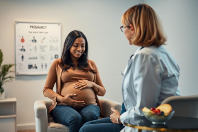 A pregnant woman sits comfortably in a chair during a doctor's appointment. The scene takes place in a bright, modern clinic setting with a pregnancy chart visible. Warm tones and a focus on maternal health and wellness are evident.