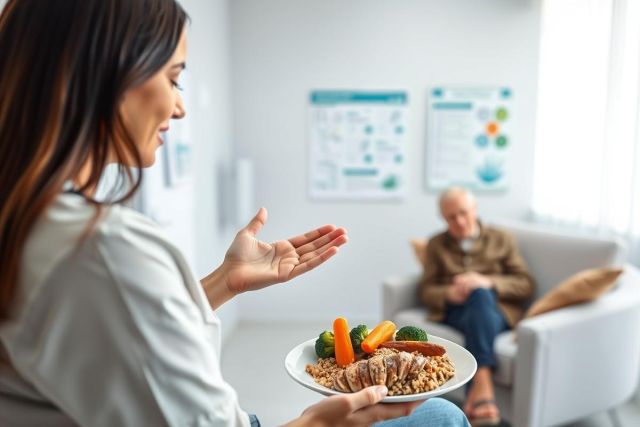 Caregiver assisting elderly man with healthy meal. Bright, modern room setting. Focus on nutrition, senior care, and wellness. Features a plate of food and supportive interaction.