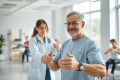 Senior man participating in physical therapy with a female therapist in a bright, modern clinic. Focus on rehabilitation exercises, healthy aging, and wellness. Includes other patients in the background. Warm, natural light and a positive atmosphere.