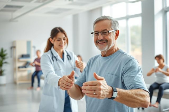 Senior man participating in physical therapy with a female therapist in a bright, modern clinic. Focus on rehabilitation exercises, healthy aging, and wellness. Includes other patients in the background. Warm, natural light and a positive atmosphere.