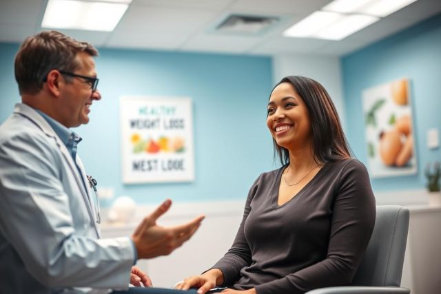 Doctor and patient consultation in a bright, blue medical office. The doctor, wearing a white coat, speaks with a smiling woman. Focus on healthy weight loss and wellness. Positive and professional atmosphere.