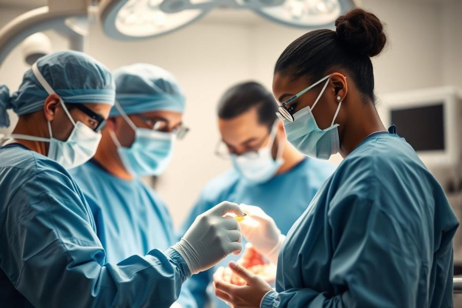 Surgical team in a modern operating room. Doctors wearing blue scrubs and masks perform a procedure under bright lights. Focus on precision and medical expertise in a sterile environment. Healthcare professionals, surgery, medical procedure.