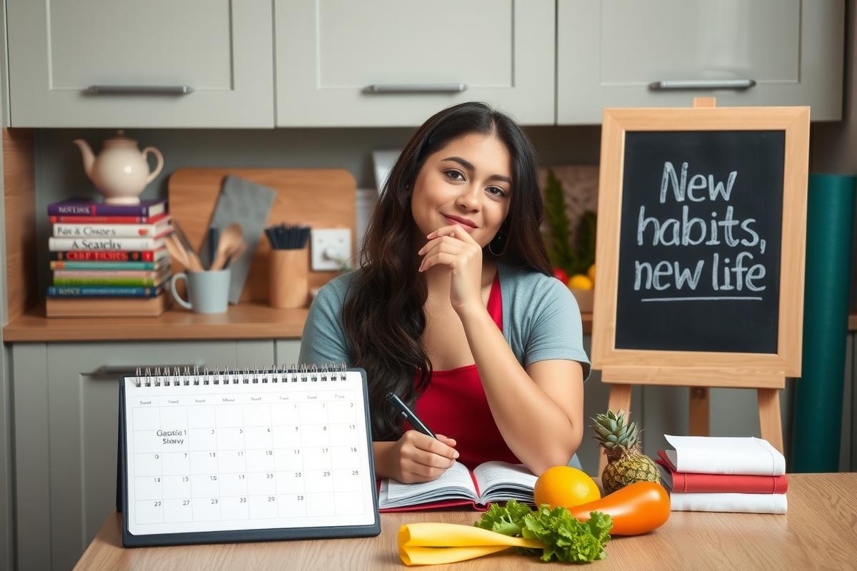 A young woman with her hand on her chin, smiling at the camera. She is sitting at a wooden kitchen counter filled with various items including books and cooking ingredients like bananas and oranges. A calendar hangs next to a dry-erase board with the message 'New Habits, New Life' written on it.