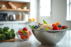 Fresh fruit salad in a stainless steel bowl, featuring strawberries, blueberries, and sliced peaches. Bright, natural light highlights the vibrant colors on a kitchen countertop.