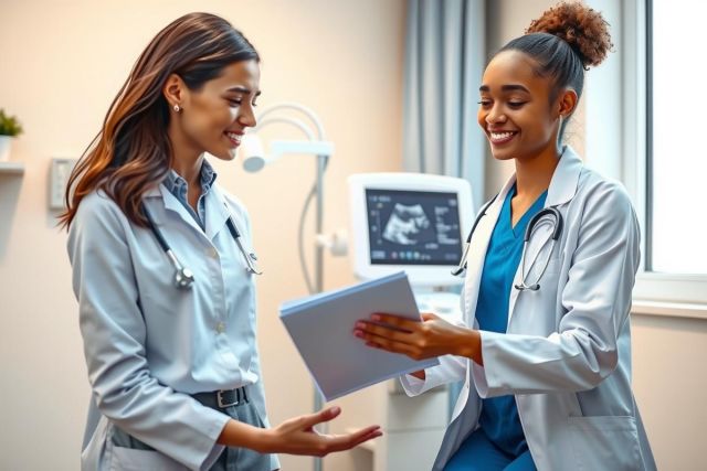 Two female doctors in white coats and scrubs examine a tablet in a clinic setting. A medical ultrasound screen is visible in the background. Healthcare professionals discussing patient data.