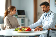 Doctor consults patient about healthy eating, with a plate of colorful fruits and vegetables on a table. Medical professional discusses nutrition in a modern office setting.