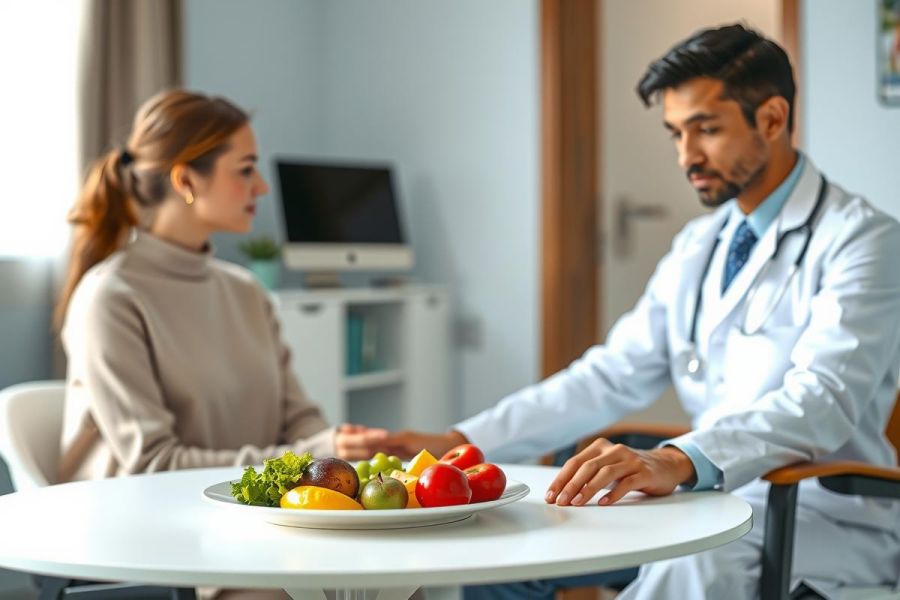 Doctor consults patient about healthy eating, with a plate of colorful fruits and vegetables on a table. Medical professional discusses nutrition in a modern office setting.
