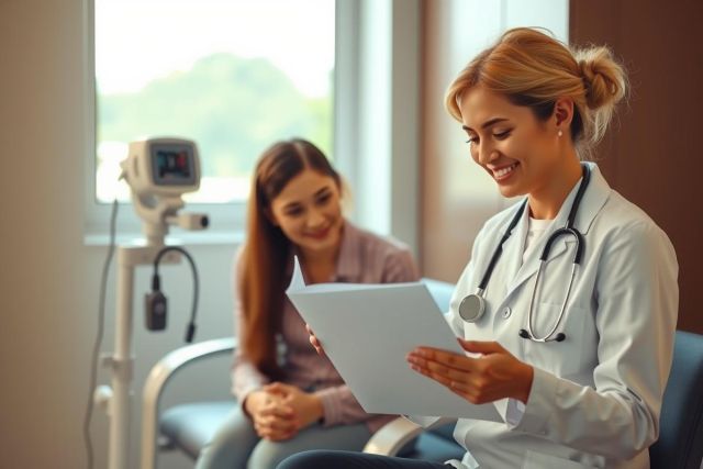 A female doctor in a white coat examines a tablet in a medical office setting. The scene depicts healthcare, technology, and patient care with a focus on digital health records.