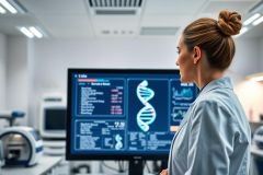 Scientist analyzing DNA sequence on a monitor in a modern laboratory. The image showcases genetic research, biotechnology, and scientific discovery. Predominant colors are blue and white, highlighting a clean and technical environment. Focus on DNA helix and lab equipment.