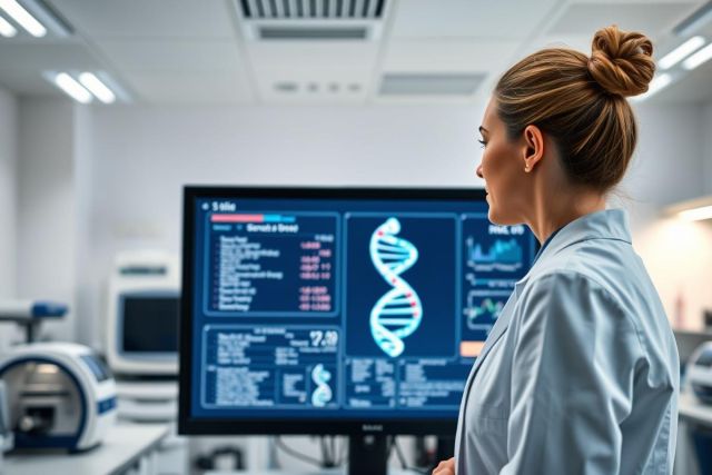 Scientist analyzing DNA sequence on a monitor in a modern laboratory. The image showcases genetic research, biotechnology, and scientific discovery. Predominant colors are blue and white, highlighting a clean and technical environment. Focus on DNA helix and lab equipment.