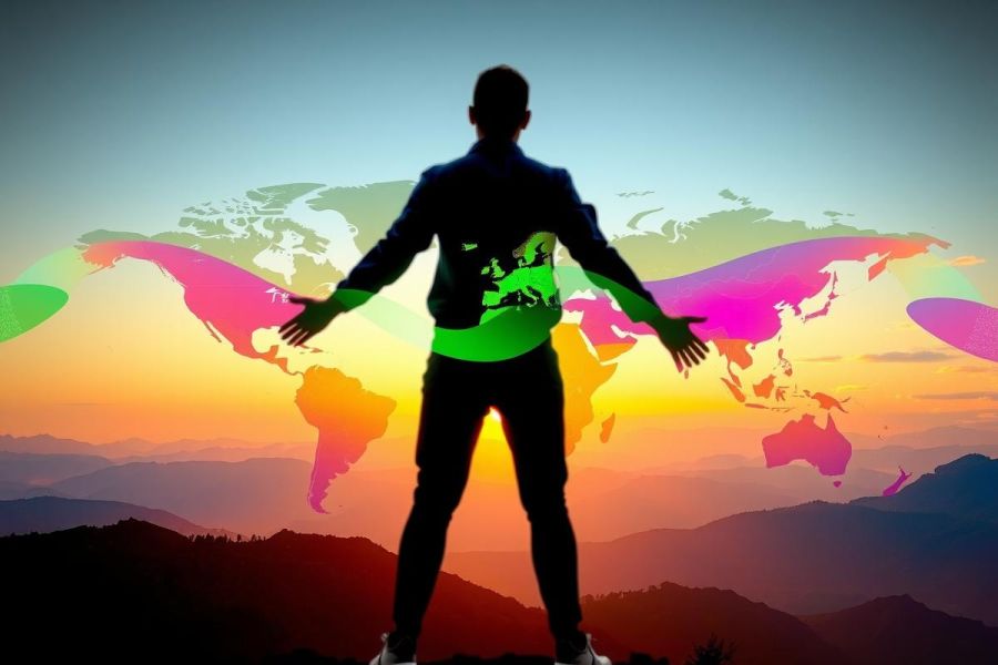 The image depicts a person standing with their arms outstretched in front of them, facing away from the camera. They appear to be on a mountain top or similar high-altitude location.